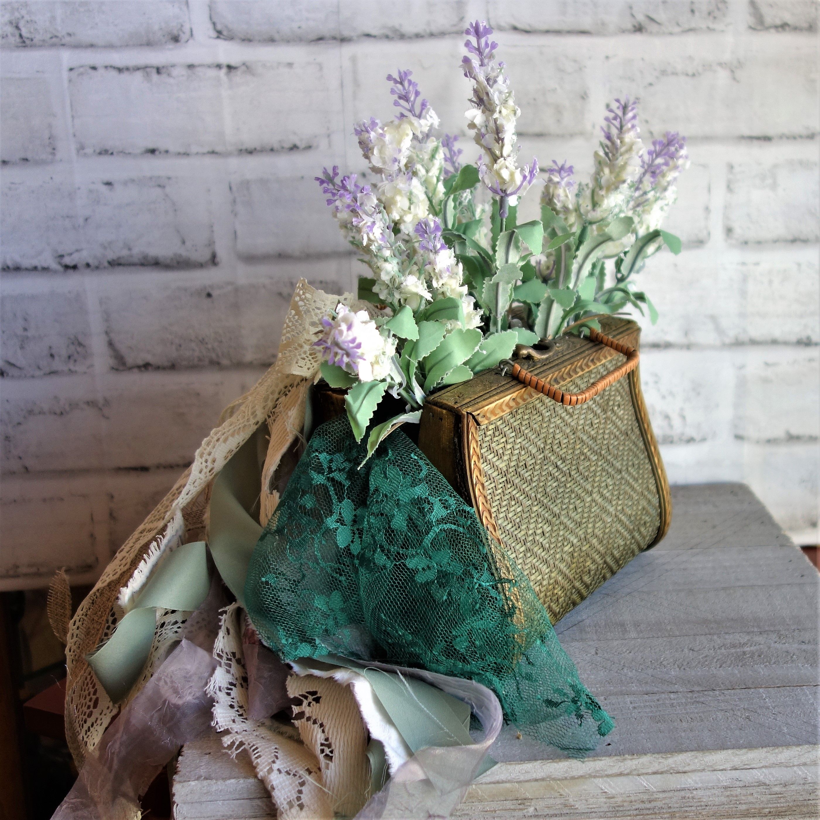Old Wood Purse Lavender Floral Arrangement Centerpiece Lavender Flowers 2 