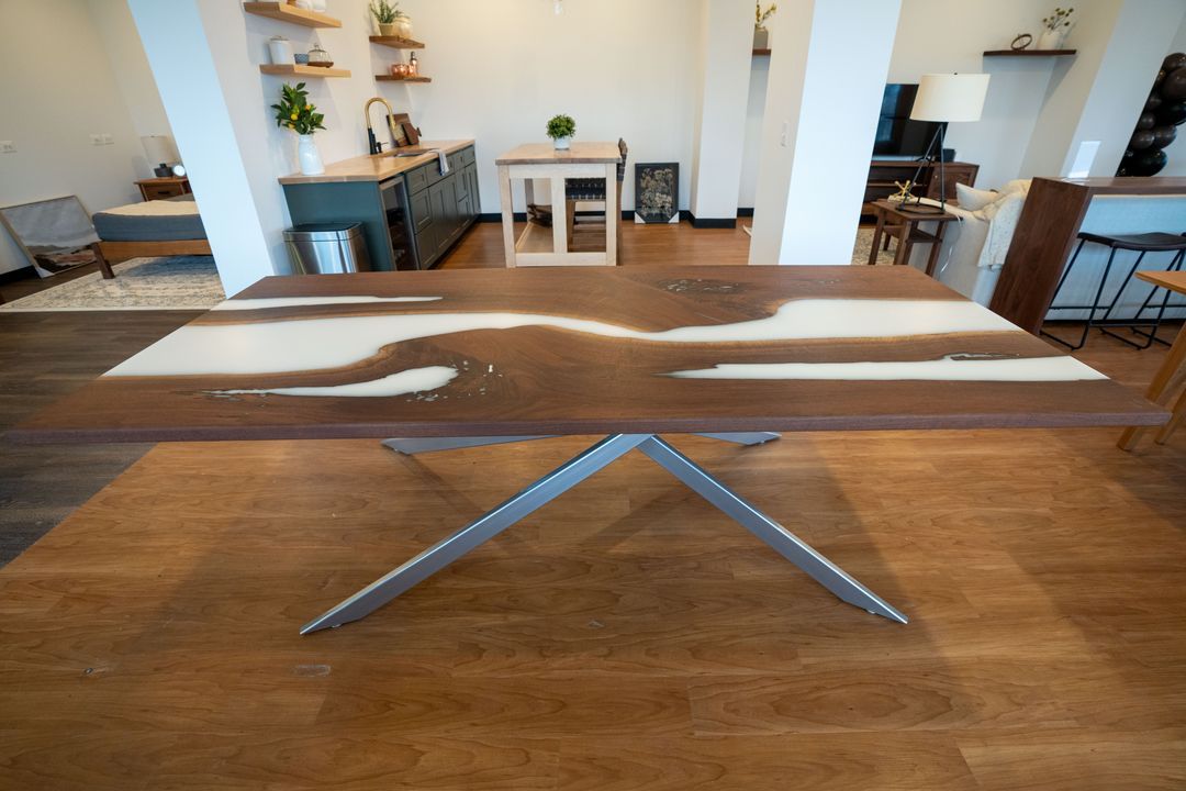 White Epoxy Dining Table With Diamond X-Shaped Legs