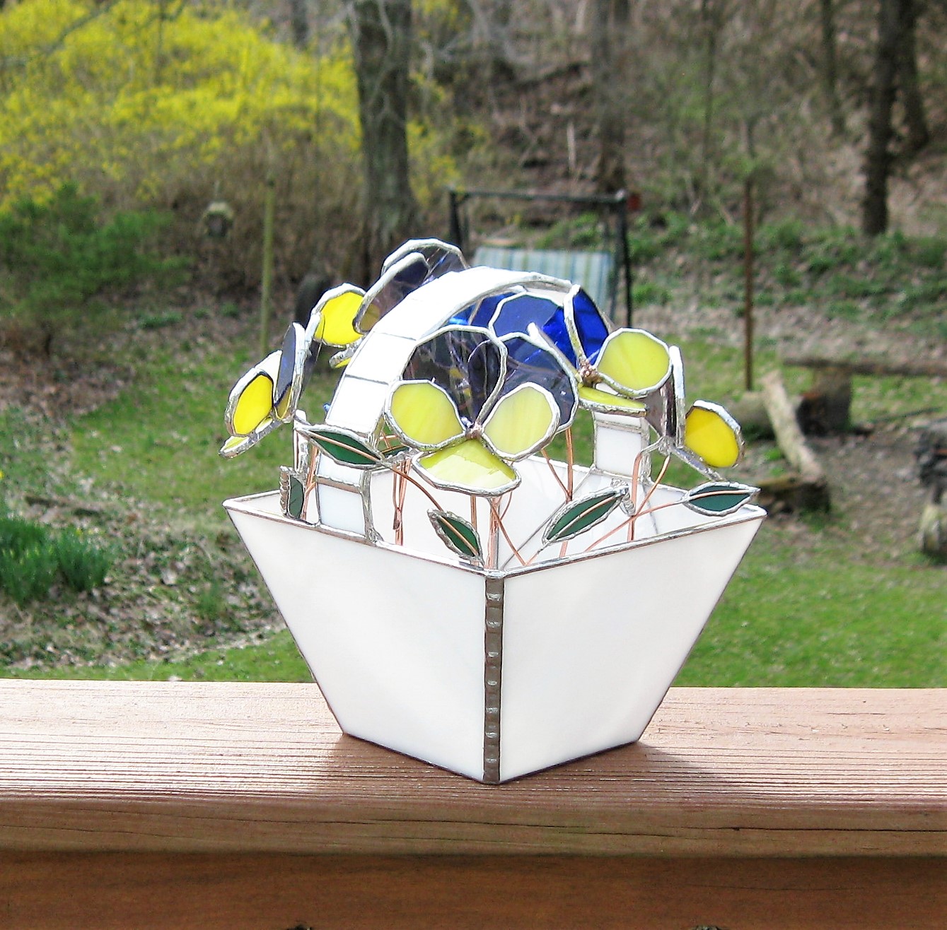 Basket Of Pansies- Stained Glass Centerpiece- Industrial Flowers- Sculpture 3 