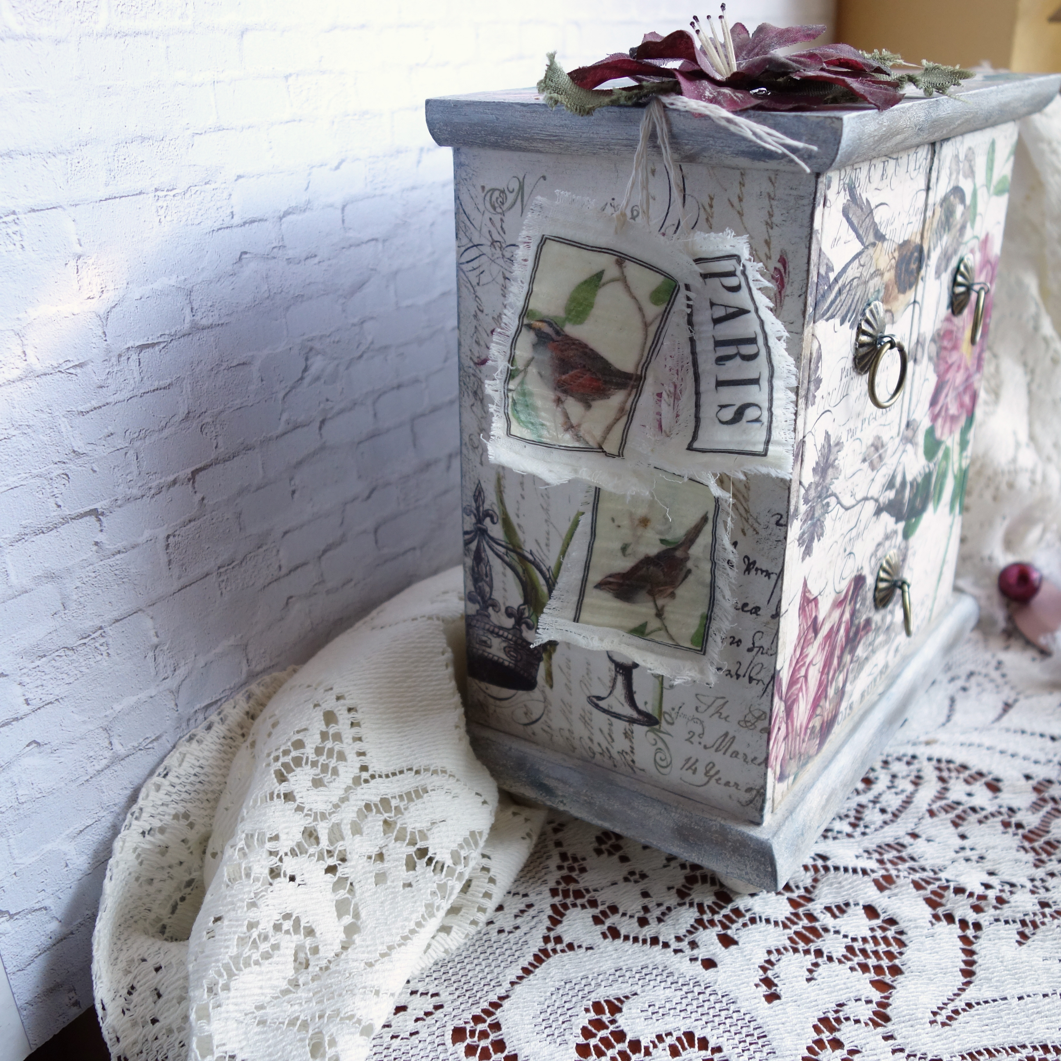 Custom Decorative Keepsake Box Tea Box Vanity Organizer Jewelry Armoire Vintage Bird Decor 5 