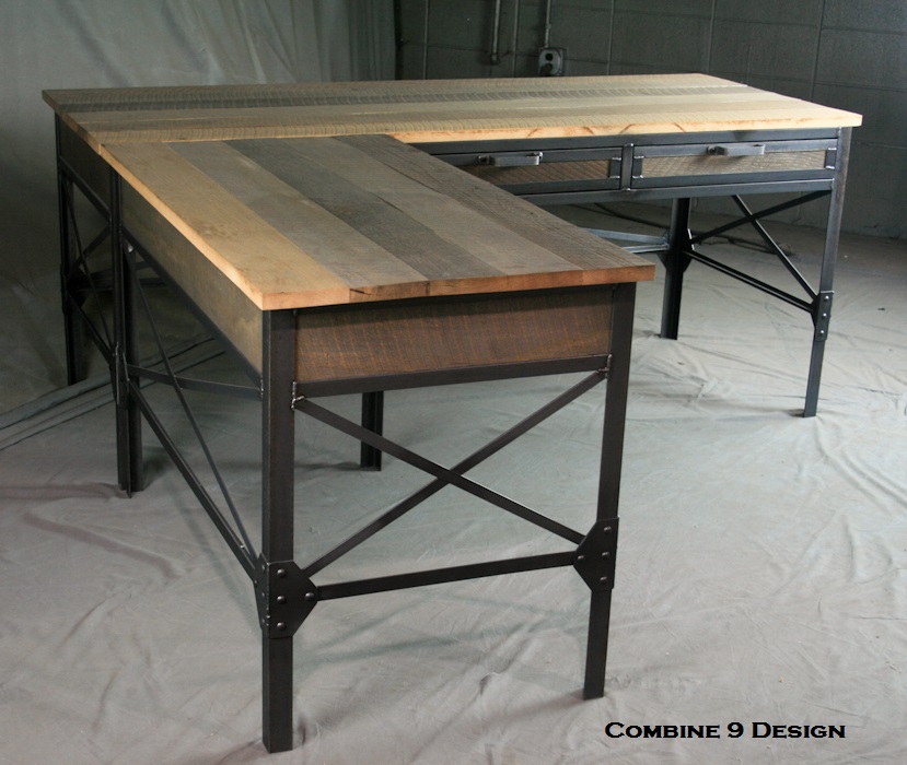 Vintage Industrial L Shaped Desk. Steel & Wood Office Furniture. Mid Century Style. Desk W/ Return. 5 