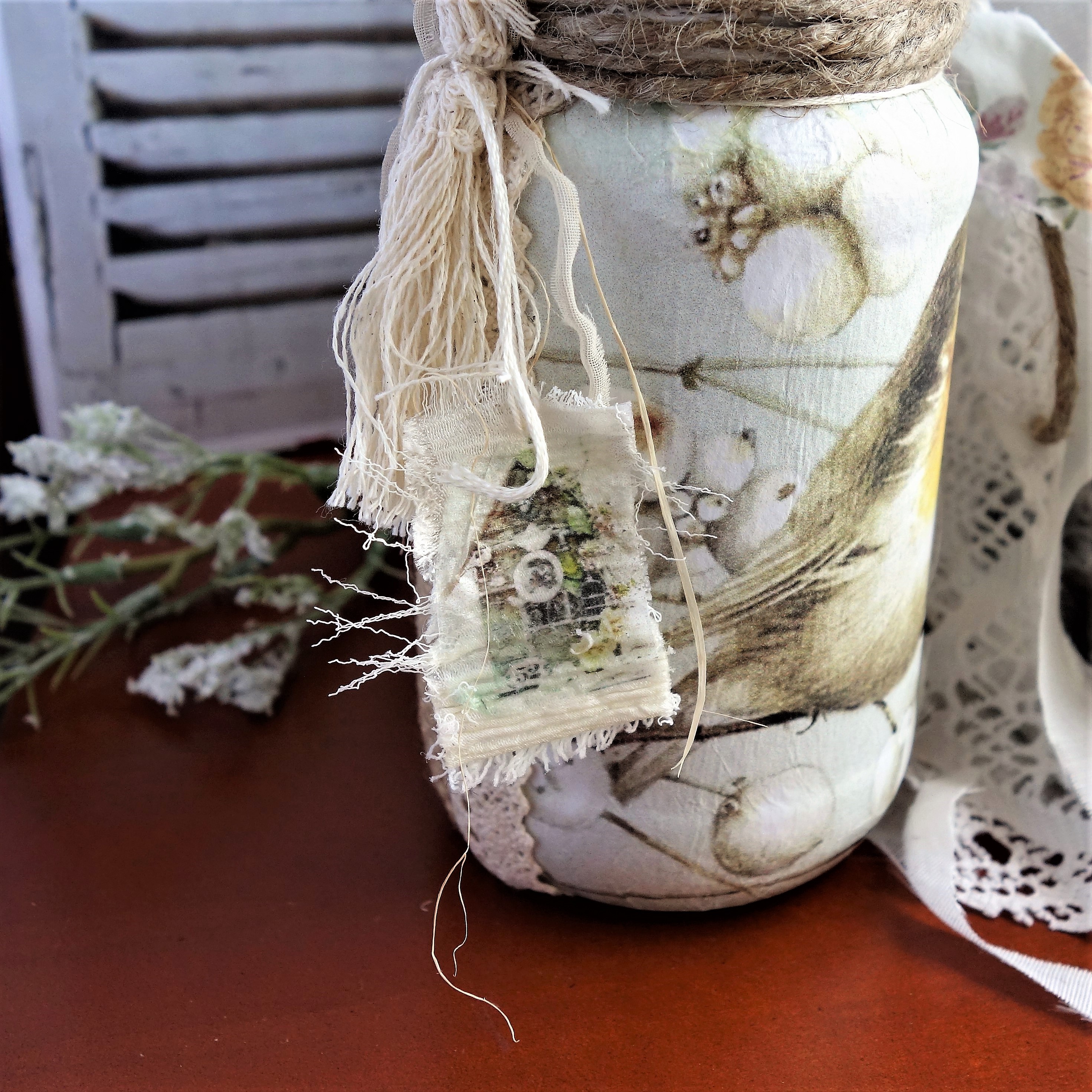 Flower Arrangement Dusty Miller Rustic Bird Jar Vase Rag Bow Vintage Decor 4 
