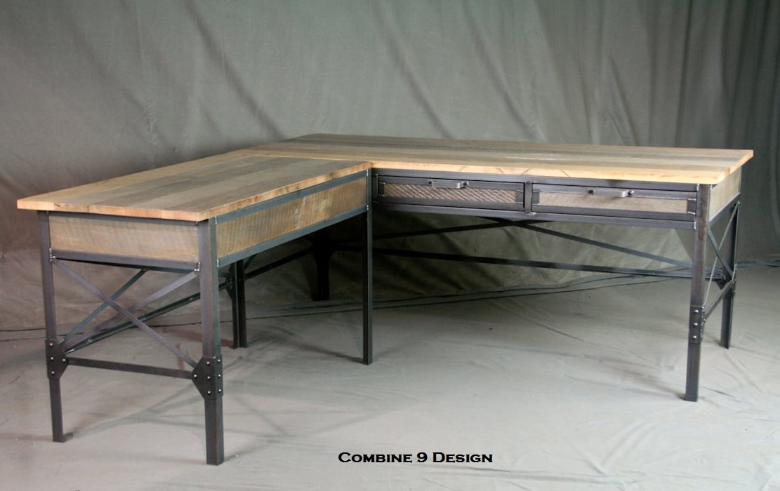 Vintage Industrial L Shaped Desk. Steel & Wood Office Furniture. Mid Century Style. Desk W/ Return.
