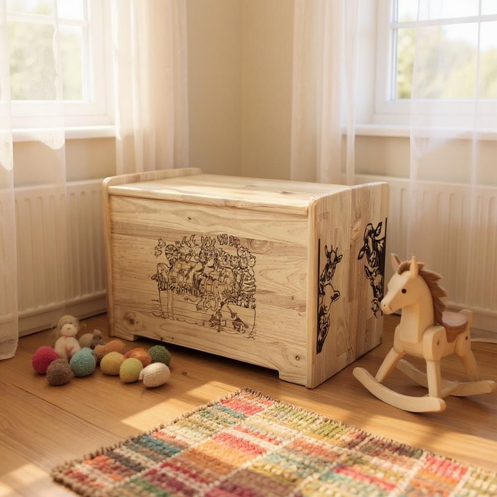 Laser engraved toybox - 31 inches wide x 20 inches high x 18 inches deep
