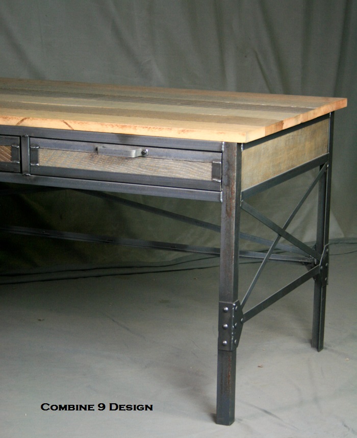Vintage Industrial L Shaped Desk. Steel & Wood Office Furniture. Mid Century Style. Desk W/ Return. 7 
