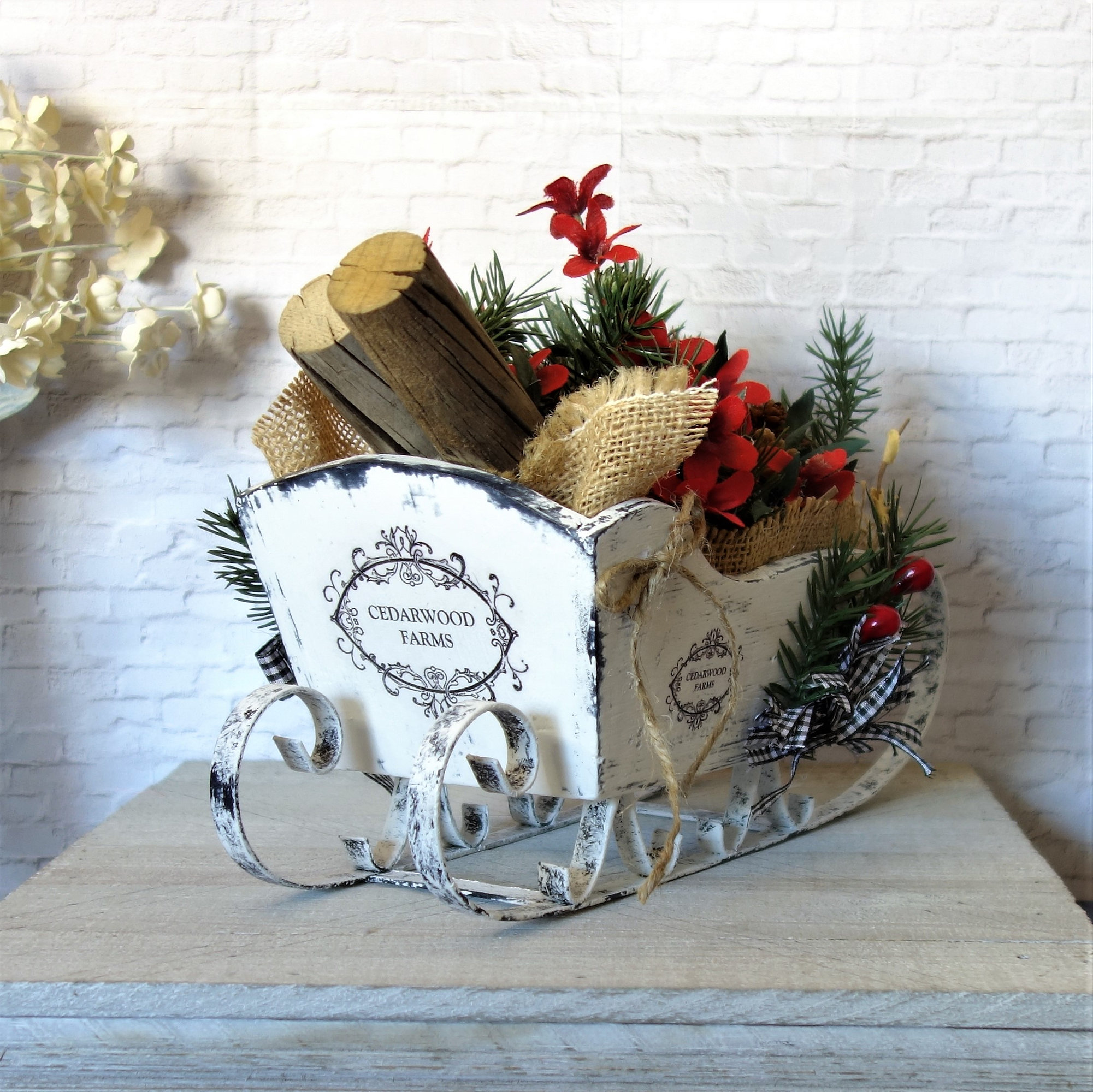Wood Sleigh Winter Floral Arrangement Farmhouse Cabin Decor 2 