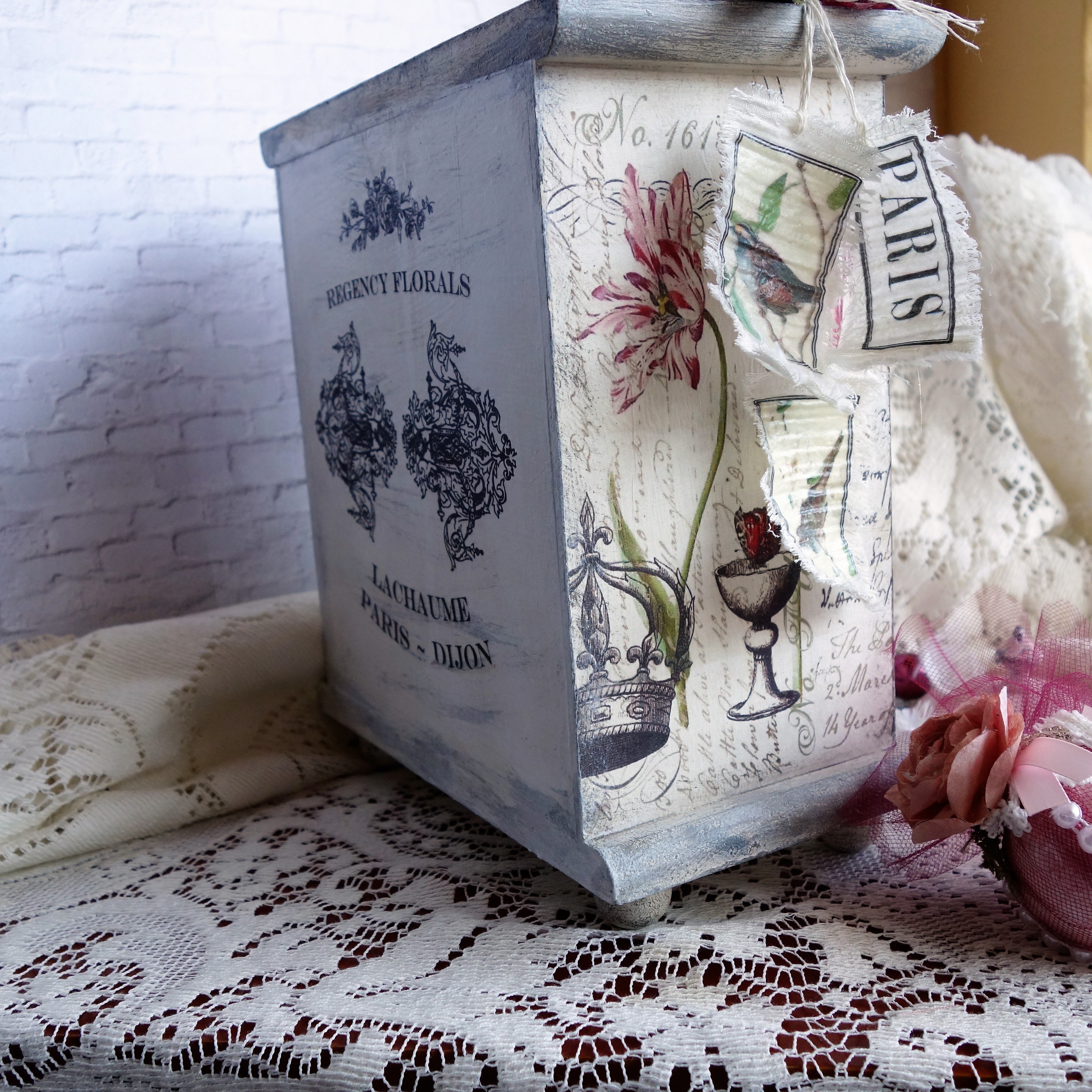Custom Decorative Keepsake Box Tea Box Vanity Organizer Jewelry Armoire Vintage Bird Decor 4 