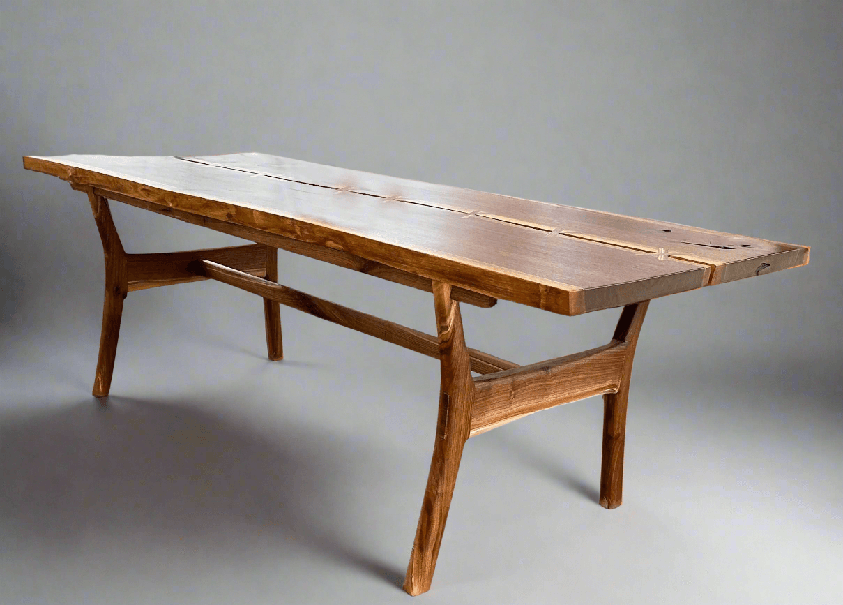 Handmade Walnut Live Edge Dining Table with Stitched River Design, Solid Wood Mid Century Modern