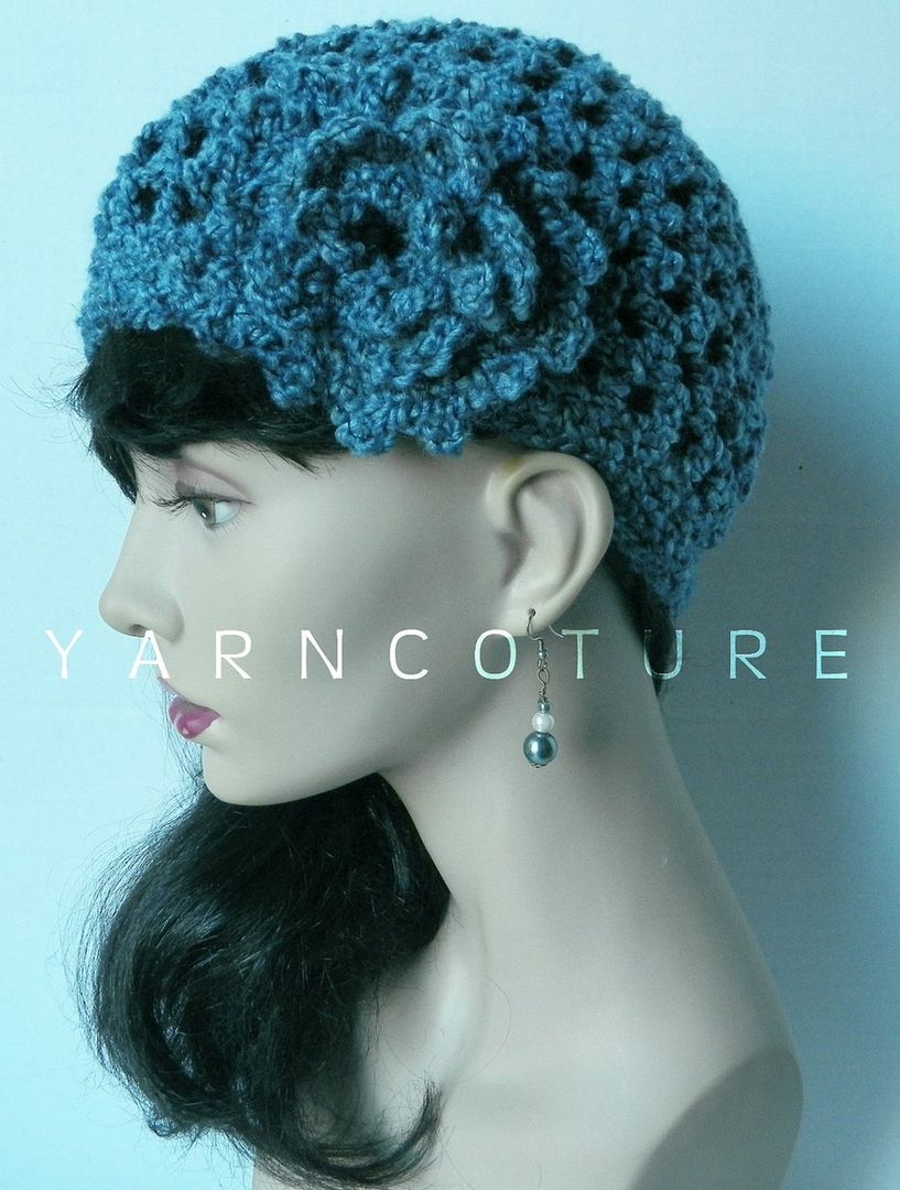 【NOFFICIALNOFFICE】CHIFFON CORSAGE LACE BEANIE The Lace Cloche/Beanie/Crochet Hat W/ Crochet Flower, Denim
