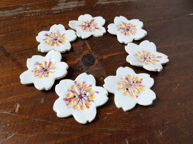 7 Sakura Buttons White Pink Cherry Blossoms Stoneware