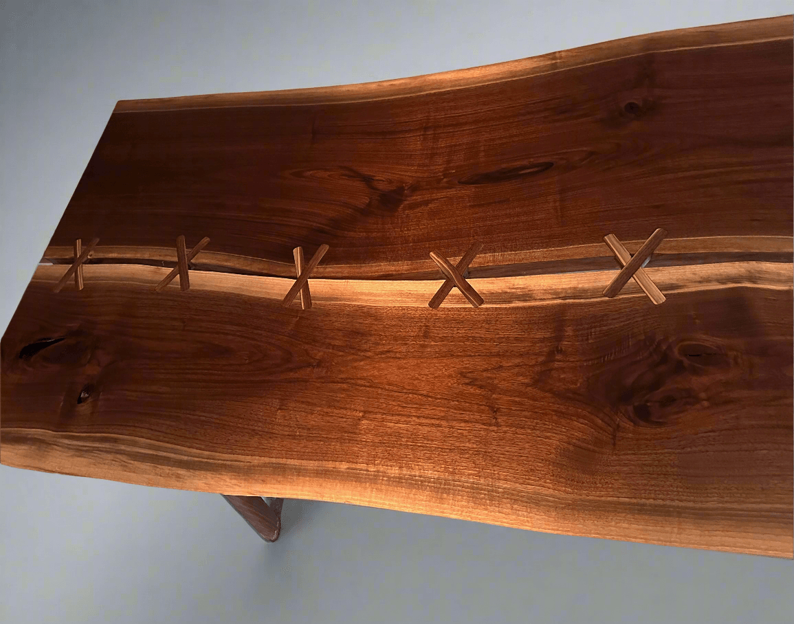 Handmade Walnut Live Edge Dining Table with Stitched River Design, Solid Wood Mid Century Modern 2 