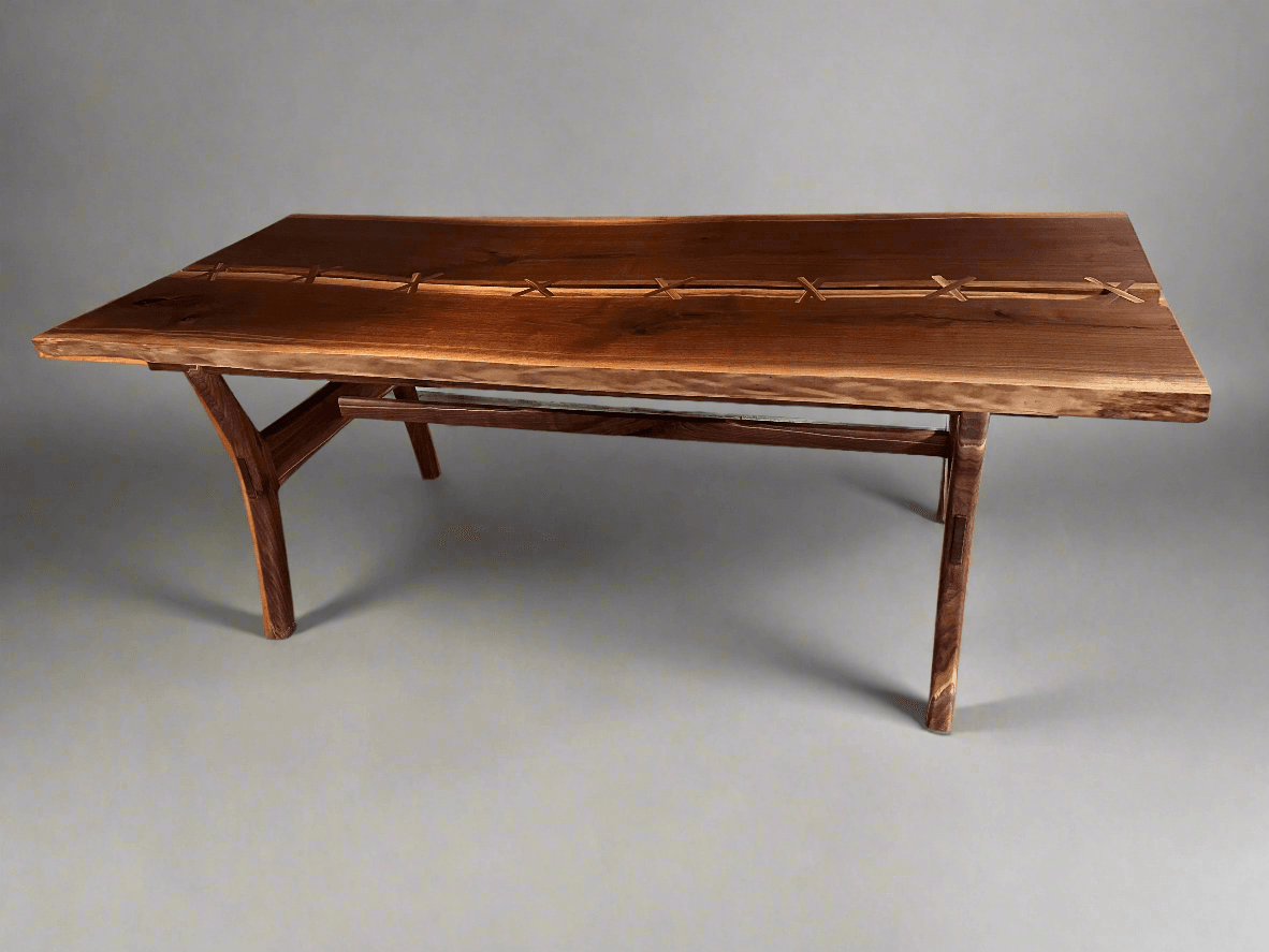 Handmade Walnut Live Edge Dining Table with Stitched River Design, Solid Wood Mid Century Modern 3 