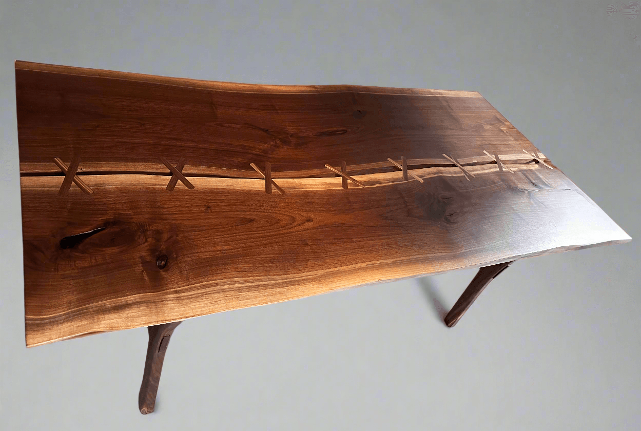 Handmade Walnut Live Edge Dining Table with Stitched River Design, Solid Wood Mid Century Modern 4 