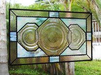 Recycled Pink Depression Glass, Antique Stained Glass Window Transom, Old Window Valance 5 small