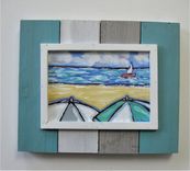Impressionist Acrylic Beach Umbrellas Painting, 10 3/4" X 9", Framed Seascape Art Canvas 3 small