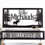 Personalized Metal Family Name and Address Sign with Moose and Pine Trees 1 small