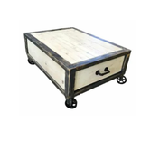 Large Rustic Industrial Coffee / Cocktail Table W/ Drawers On Cast Iron Casters / Wheels 1 small