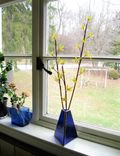 Forsythia Branches- Flame Worked Glass And Copper In Grass Green Stained Glass Vase 4 small
