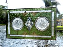 Depression Glass Stained Glass Panel, 1930s Iris And Herringbone Plates 1 small