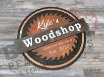 16in Round Wood Sign With Metal Sawblade. Rusted Steel Sawblade. Personalized Woodshop Sign. 3 small