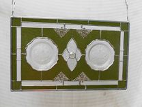 Depression Glass Stained Glass Panel, 1930s Iris And Herringbone Plates 6 small