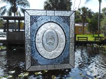 Stained Glass Window Panel W/ Recycled Vintage Glass, Suncatcher, Crystal Tiara Sandwich Glass Plate 3 small