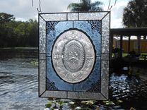Stained Glass Window Panel W/ Recycled Vintage Glass, Suncatcher, Crystal Tiara Sandwich Glass Plate 6 small