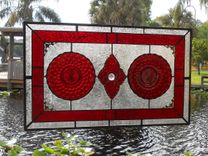 Stained Glass Window Panel, Depression Glass Plate Valance, Ruby Red Bubble 4 small