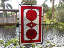Stained Glass Window Panel, Depression Glass Plate Valance, Ruby Red Bubble 2 small