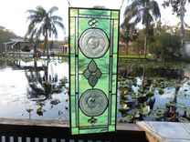 Recycled Depression Glass Stained Glass Window Panel W/Royal Lace Plates 3 small