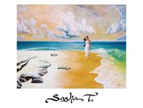 Ocean, Beach, Surf, Clouds, Women Goddess Print On Paper, Blue Green Gold And White 1 small