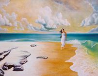 Ocean, Beach, Surf, Clouds, Women Goddess Print On Paper, Blue Green Gold And White 2 small
