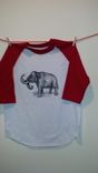 Woolly Mammoth Screen Printed T Shirt, Black Ink White And Red Baseball Shirt 3 small