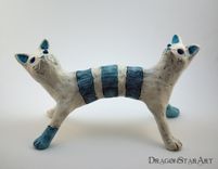 Clay Cat Sculpture Art Object Blue Beige Monster Janus 1 small