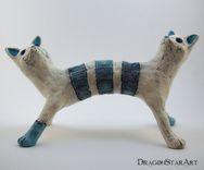 Clay Cat Sculpture Art Object Blue Beige Monster Janus 4 small