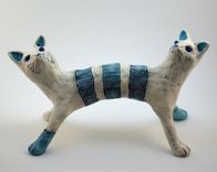 Clay Cat Sculpture Art Object Blue Beige Monster Janus 5 small
