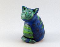 Blue Cat Figurine Sculpture With Green Stripes 1 small