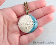 Porcelain Moon Pendant Necklace, Carved Ceramic Moon Necklace In White And Turquoise 3 small