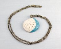 Porcelain Moon Pendant Necklace, Carved Ceramic Moon Necklace In White And Turquoise 5 small