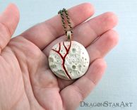 Ceramic Moon Necklace, Carved Porcelain Moon Necklace In Red And White 3 small