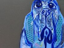 Blue And Periwinkle Hound Dog Original Paper Collage Painting 2 small