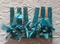 Turquoise Blue Glittery Ribboned Flocked Paper Covered Clips 1 small