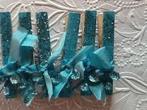 Turquoise Blue Glittery Ribboned Flocked Paper Covered Clips 2 small