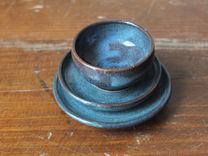 3 Prep Condiment Sauce Bowl And Plates Denim Blue Wheel Thrown Stoneware Ceramic Pottery 1 small