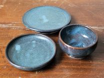 3 Prep Condiment Sauce Bowl And Plates Denim Blue Wheel Thrown Stoneware Ceramic Pottery 2 small