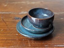 3 Prep Condiment Sauce Bowl And Plates Denim Blue Wheel Thrown Stoneware Ceramic Pottery 3 small