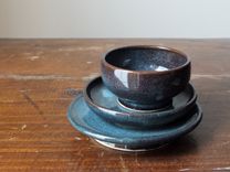 3 Prep Condiment Sauce Bowl And Plates Denim Blue Wheel Thrown Stoneware Ceramic Pottery 4 small