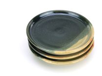 Pond And Sencha Plates Dishes Saucers Set Of 3 Black And Yellow Green Wheel Thrown Ceramic Pottery 4 small