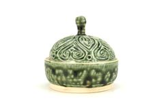 Green Ash Hand Carved Lidded Jar Heart Leaf Drip Black Interior Wheel Ceramic Stoneware Pottery 1 small