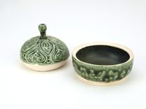 Green Ash Hand Carved Lidded Jar Heart Leaf Drip Black Interior Wheel Ceramic Stoneware Pottery 2 small